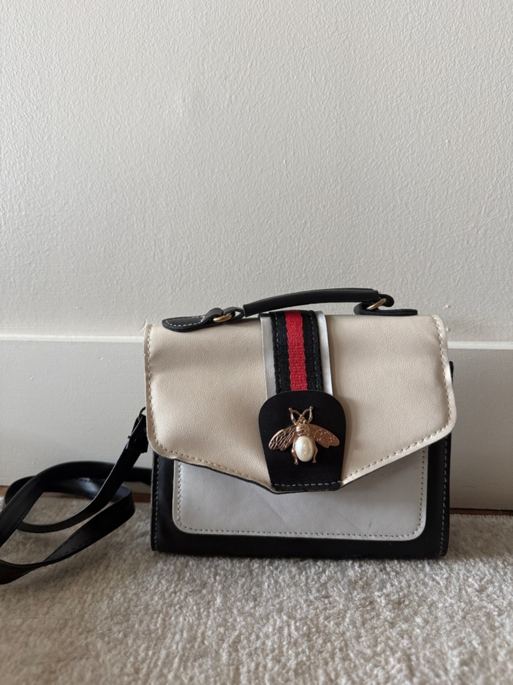 Stylish Cream & Black Women’s Crossbody Bag with Bee Accent